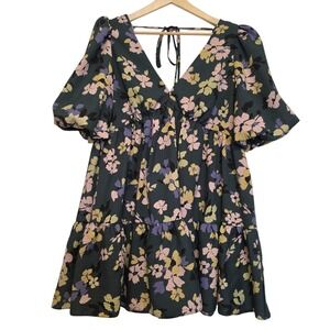 Nobody's Child Vienna Balloon Sleeve Green Floral Mini Dress Deep V-Neck Size 12